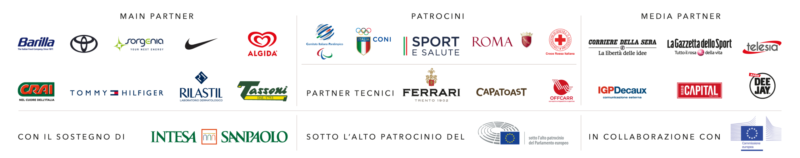 Main Partner: Barilla, Toyota, Sorgenia, Nike, Algida, Crai, Tommy Hilfiger, Rilastil, Tassoni. 

Con il sostegno di Intesa SanPaolo.

Patrocini: Coni, Sport e Salute, Comitato Italiano Paralimpico, ROMA, Croce Rossa. 

Partner tecnici: Ferrari trento, capatoast, Offcarr.

Sotto l'alto patrocinio del Parlamento Europeo. 

Media Partner: Corriere della sera, La Gazzetta dello sport, LEGGO, IGPDecaux, Telesia, Radio Capital, Radio Deejay. 

In Collaborazione con: Commissione Europea.