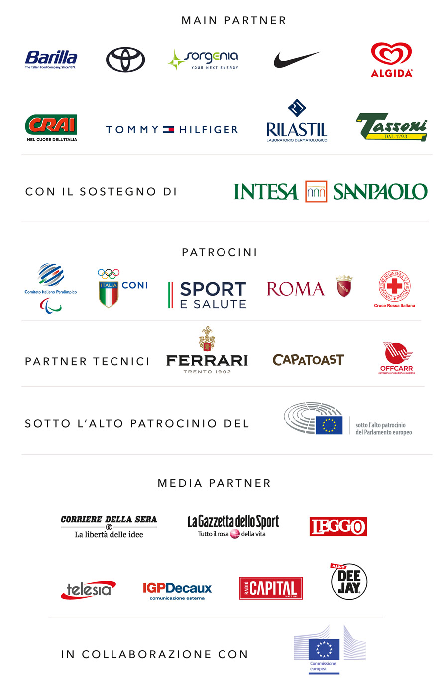 Main Partner: Barilla, Toyota, Sorgenia, Nike, Algida, Crai, Tommy Hilfiger, Rilastil, Tassoni. 

Con il sostegno di Intesa SanPaolo.

Patrocini: Coni, Sport e Salute, Comitato Italiano Paralimpico, ROMA, Croce Rossa. 

Partner tecnici: Ferrari trento, capatoast, Offcarr.

Sotto l'alto patrocinio del Parlamento Europeo. 

Media Partner: Corriere della sera, La Gazzetta dello sport, LEGGO, IGPDecaux, Telesia, Radio Capital, Radio Deejay. 

In Collaborazione con: Commissione Europea.