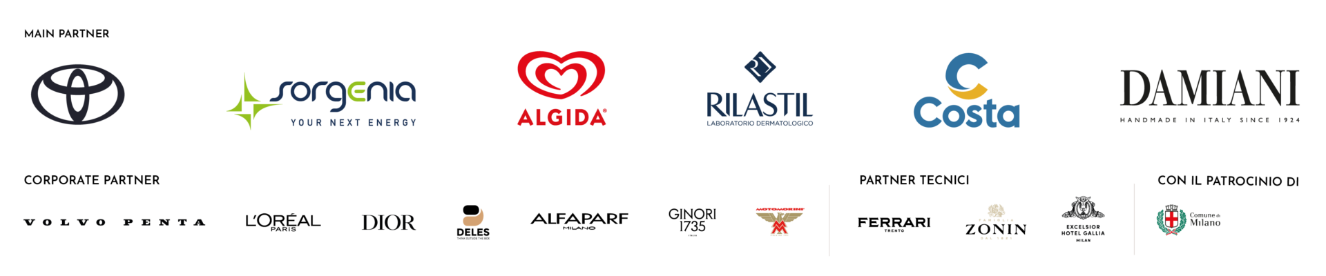 Main partner: Toyota, Sorgenia, Algida, Rilastil, Costa, Damiani.

Partner tecnici: ferrari trento, zonin, excelsion hotel gallia.

Corporate parter: Volvo penta, l'oreal paris, dior, deles, alfaparf, ginori 1735, 

Con il patrocinio di: Comune di Milano.