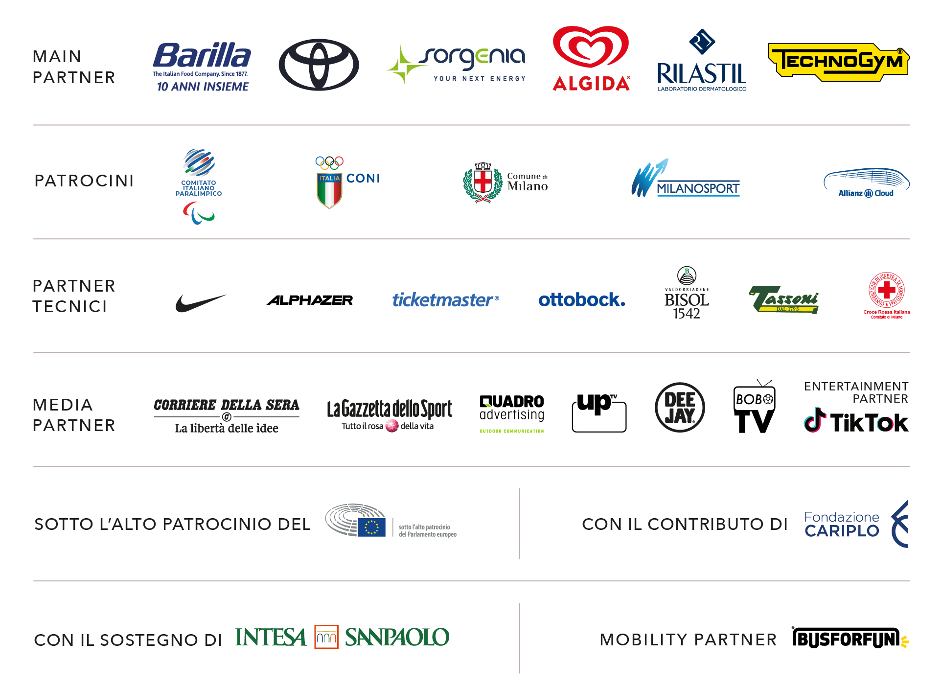 Main partner: Barilla, Toyota, Sorgenia, Algida, Rilastil, Technogym. Patrocini: Comitato italiano paralimpico, coni, comune di milano, milano sport, allianz cloud. Partner tecnici: nike, alphazer, ticketmaster, ottobock, bisol, tassoni, Croce rossa. Media partner: Corriere della sera, la gazzetta dello sport, quadro advertising, up tv, radio deejay, bob tv. Entertainment partner: TikTok. Sotto l'alto patrocinio del parlamento europeo. Con il contributo di Fondazione Cariplo. Con il sostegno di Intesa sanpaolo. Mobility partner: Busforfun.