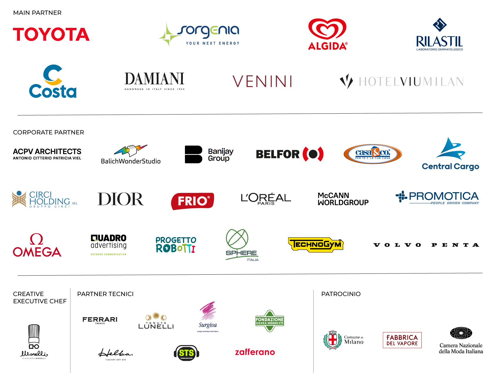 Loghi-sponsor-art4sport-4 Main Partner: Toyota, Sorgenia, Algida, Rilastil, Costa, Damiani, Venini, Hotel Viu Milan. Corporate partner: ACPV Architects, Balich Wonder Studio, Banijay Group, Belfor, Casa & Co, Central Cargo, Circi Holding, Dior, Frio, L'oreal paris, McCann Worldgroup, Promotica, Omega, Quadro advertising, Progetto Robotti, Sphere, Technogym, Volvo Penta. Creative Executive Chef: Morelli. Partner Tecnici: Ferrari trento, tenute lunelli, surgiva, Fondazione Grana Padano ETS, Helba, STS, zafferano. Patrocini: Comune di Milano, Fabbrica del vapore, Camera nazionale della Moda Italiana
